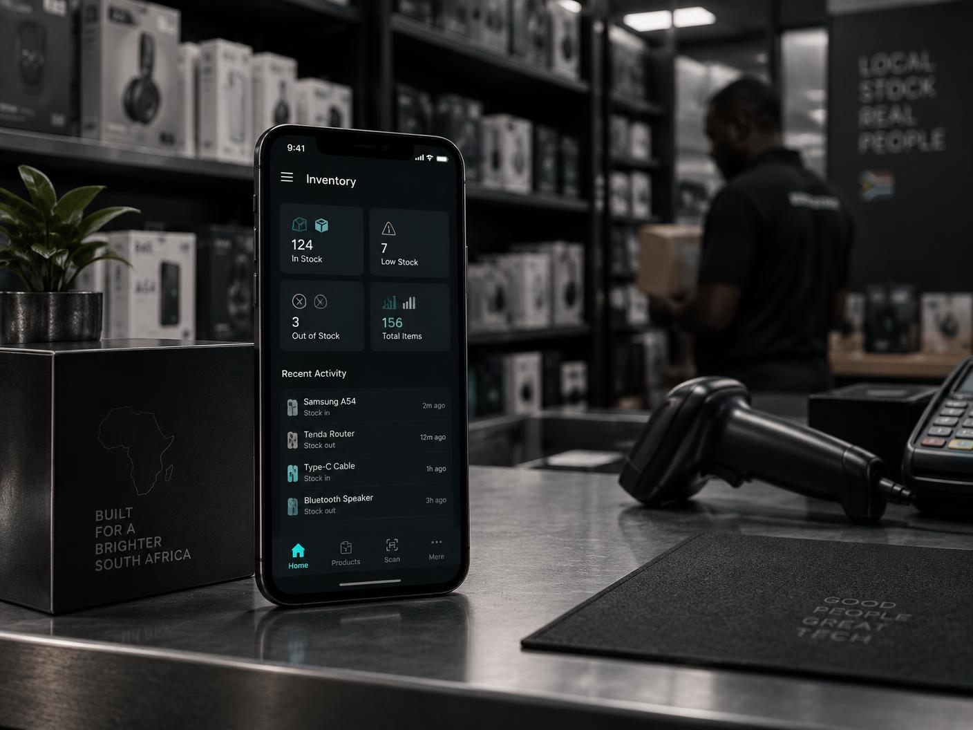 StockGuard open on a phone standing on a shop counter